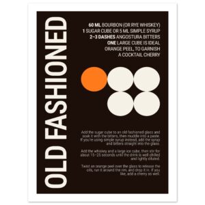 Dark poster featuring cocktail recipe text and graphic elements.