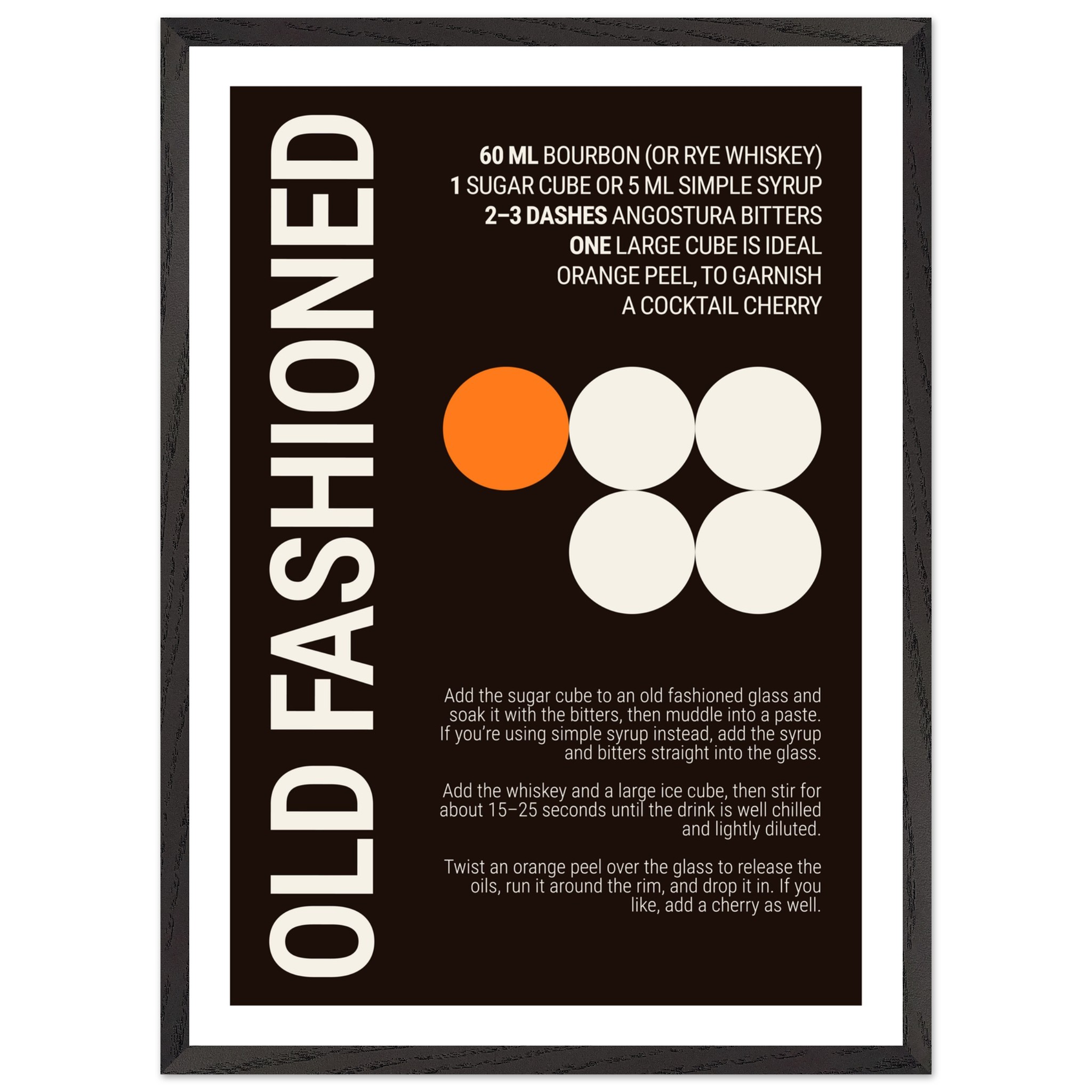 Typography print poster with recipe instructions for an Old Fashioned cocktail.