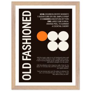 Typography print poster with cocktail recipe and instructions on a dark background.