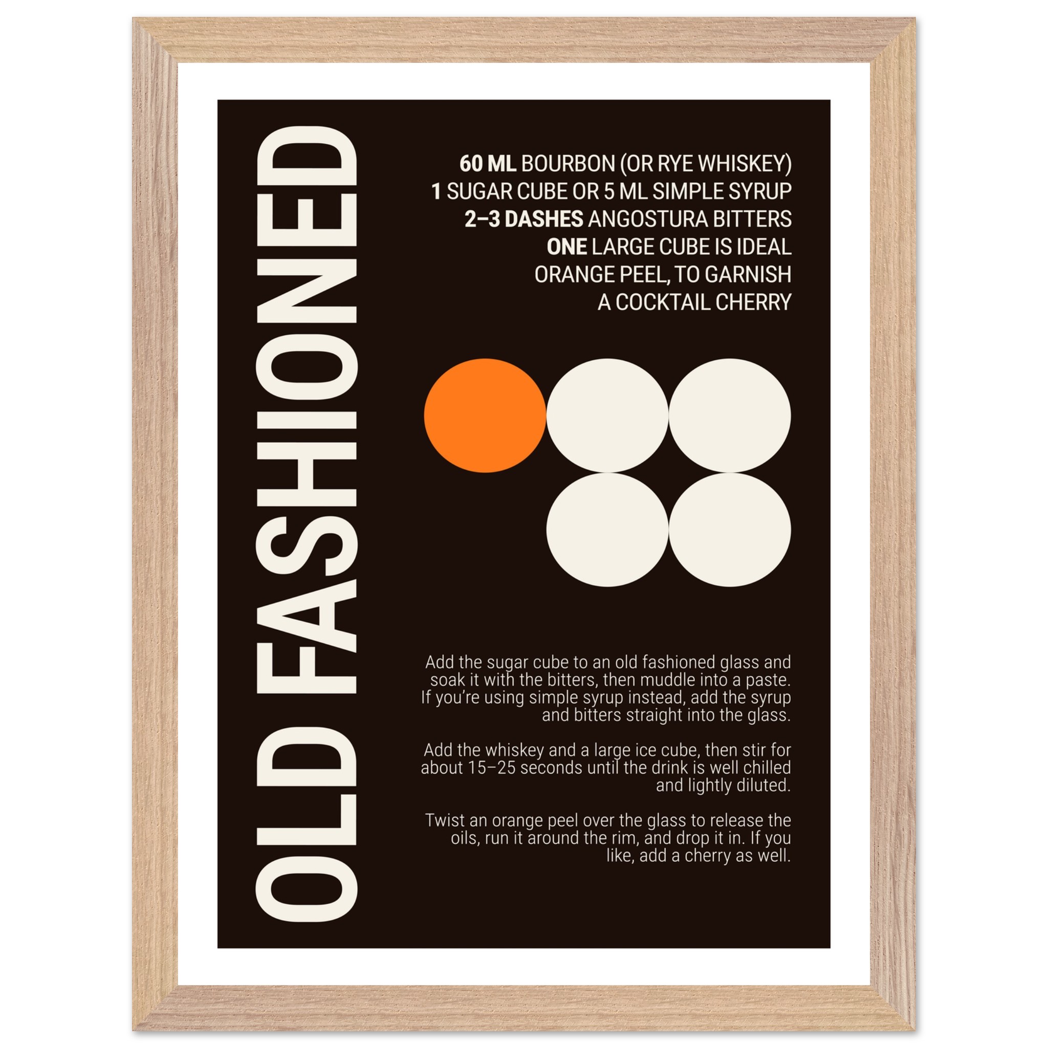 Typography print poster with cocktail recipe and instructions on a dark background.