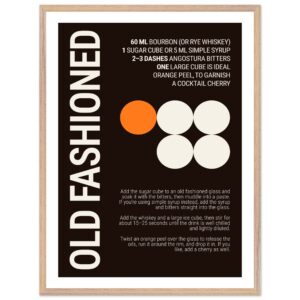 Typography print poster with cocktail recipe on dark background.