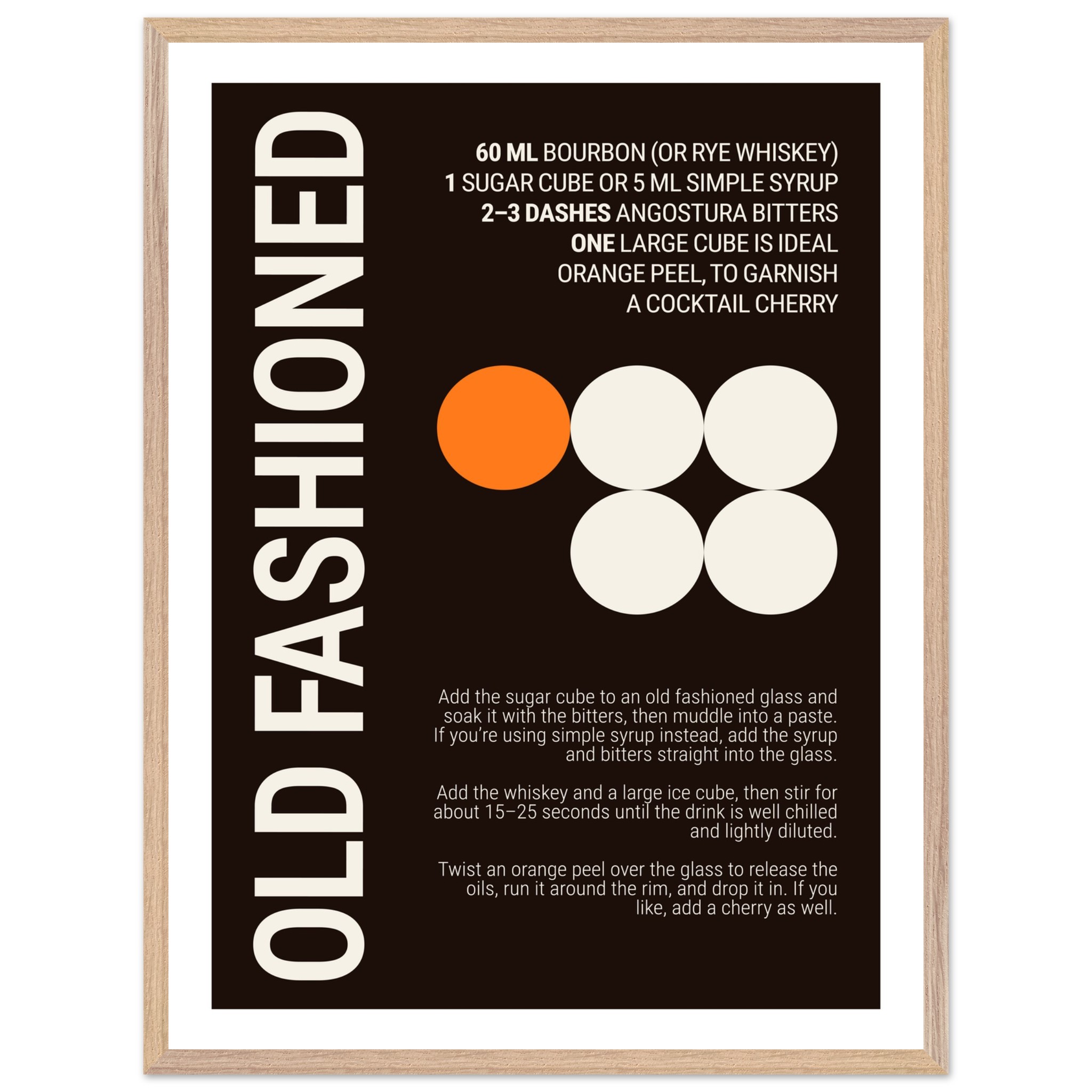 Typography print poster with cocktail recipe on dark background.