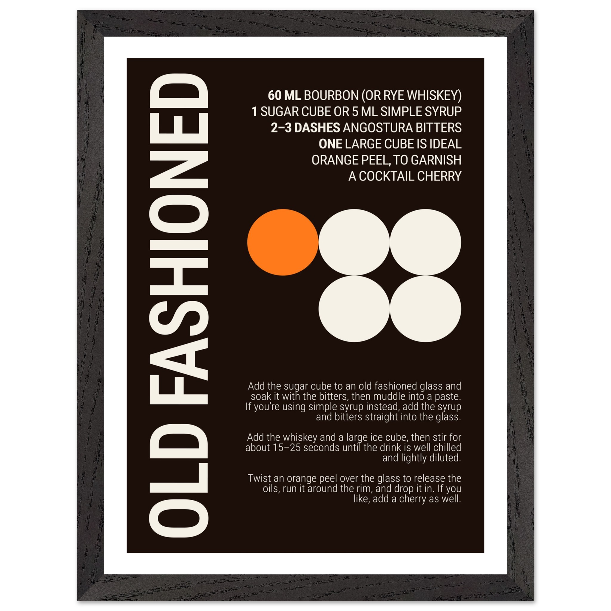 Typography print featuring Old Fashioned cocktail recipe with graphic elements.