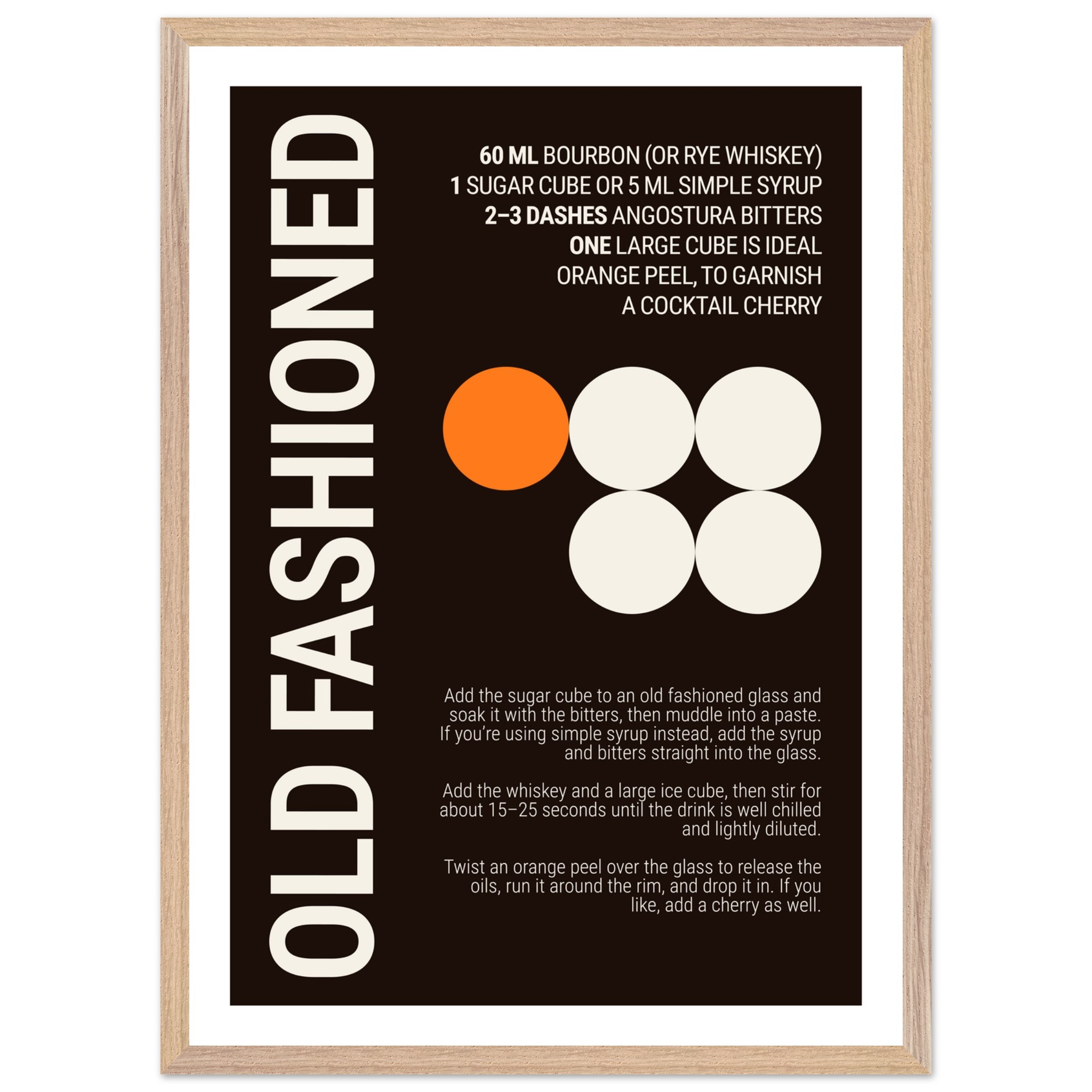 Typography print poster with Old Fashioned cocktail recipe instructions.
