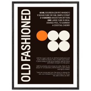Typography print featuring cocktail recipe for Old Fashioned drink.