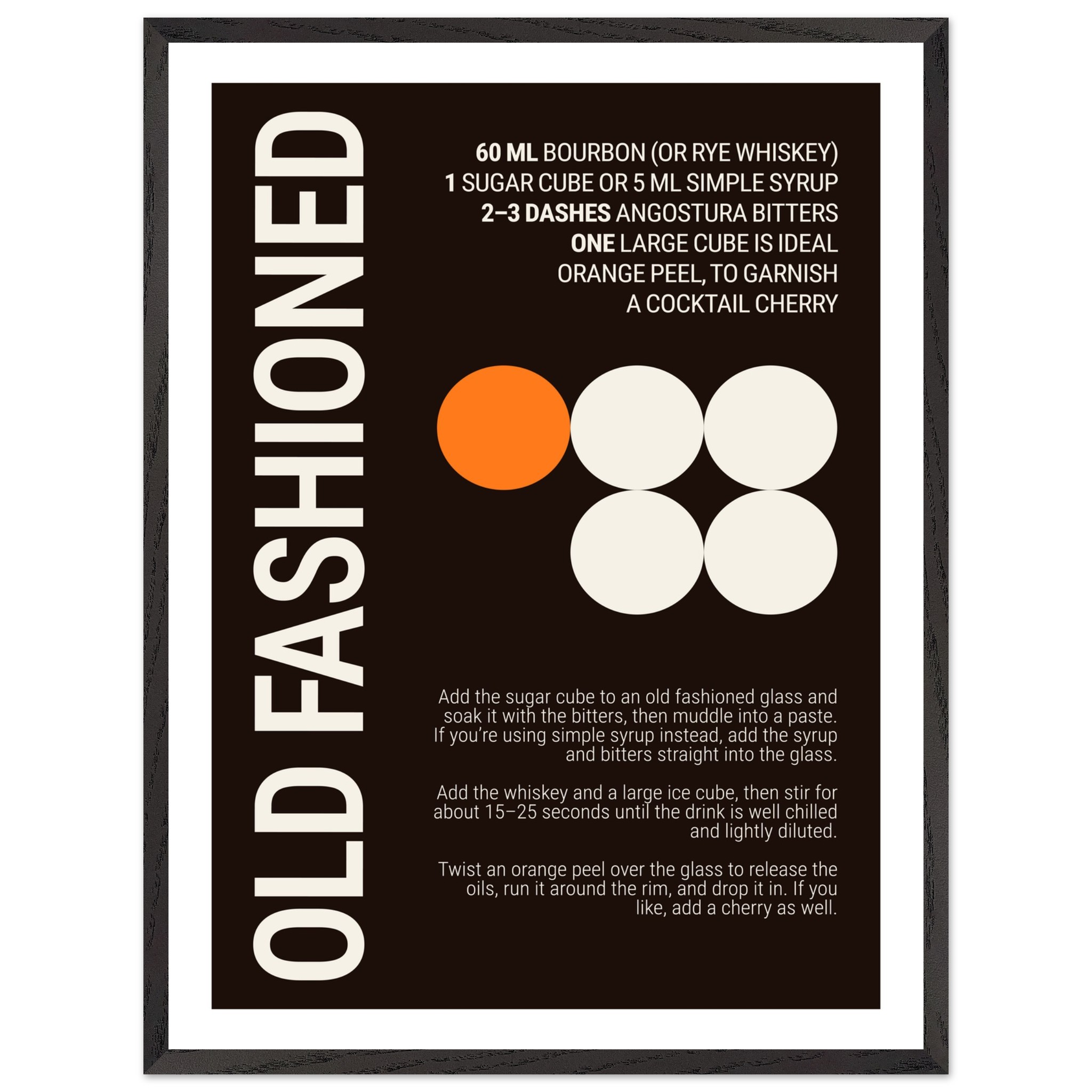 Typography print featuring cocktail recipe for Old Fashioned drink.