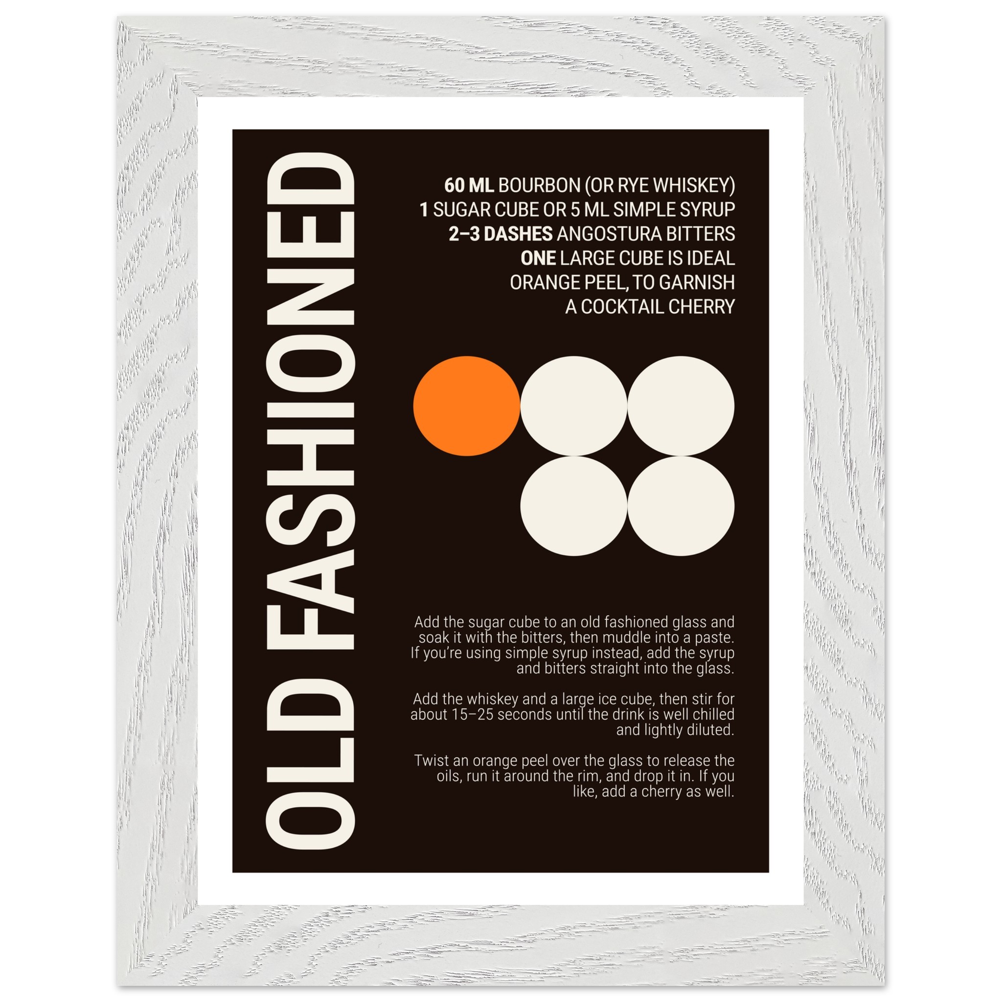 Typography print poster with Old Fashioned cocktail recipe and ingredients.