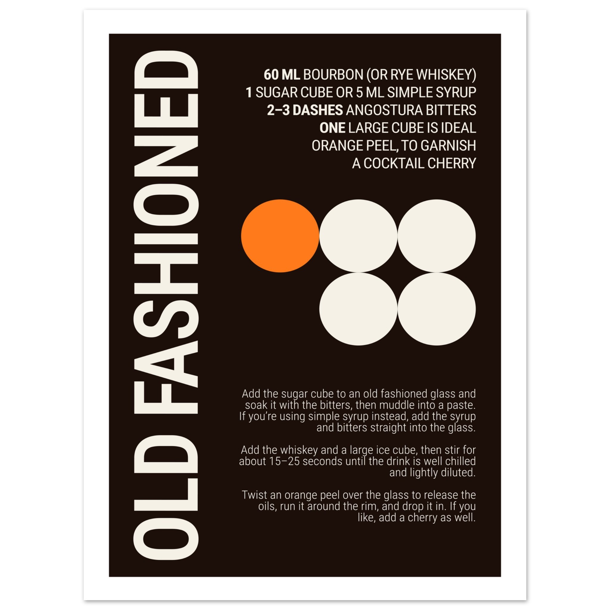 Typography print of an Old Fashioned cocktail recipe and instructions.