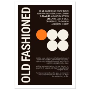 Typography print featuring an old fashioned cocktail recipe and ingredients.