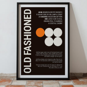 Typography print poster with cocktail recipe instructions on a dark background.