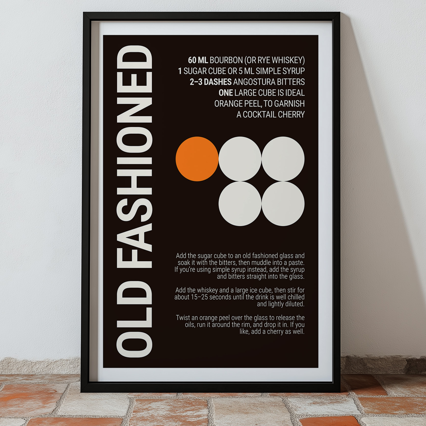 Typography print poster with cocktail recipe instructions on a dark background.