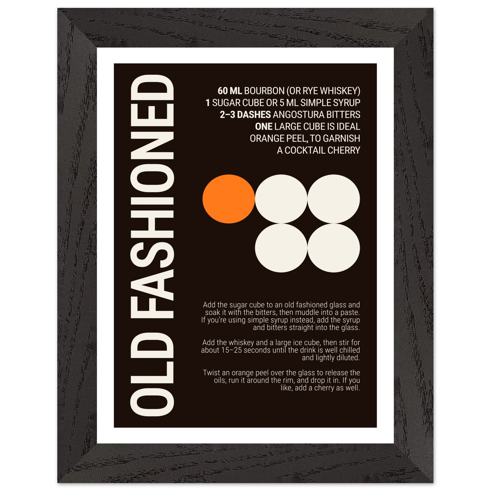 Typography print poster with cocktail recipe for Old Fashioned.