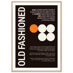 Typography poster with cocktail recipe and instructions on a dark background.