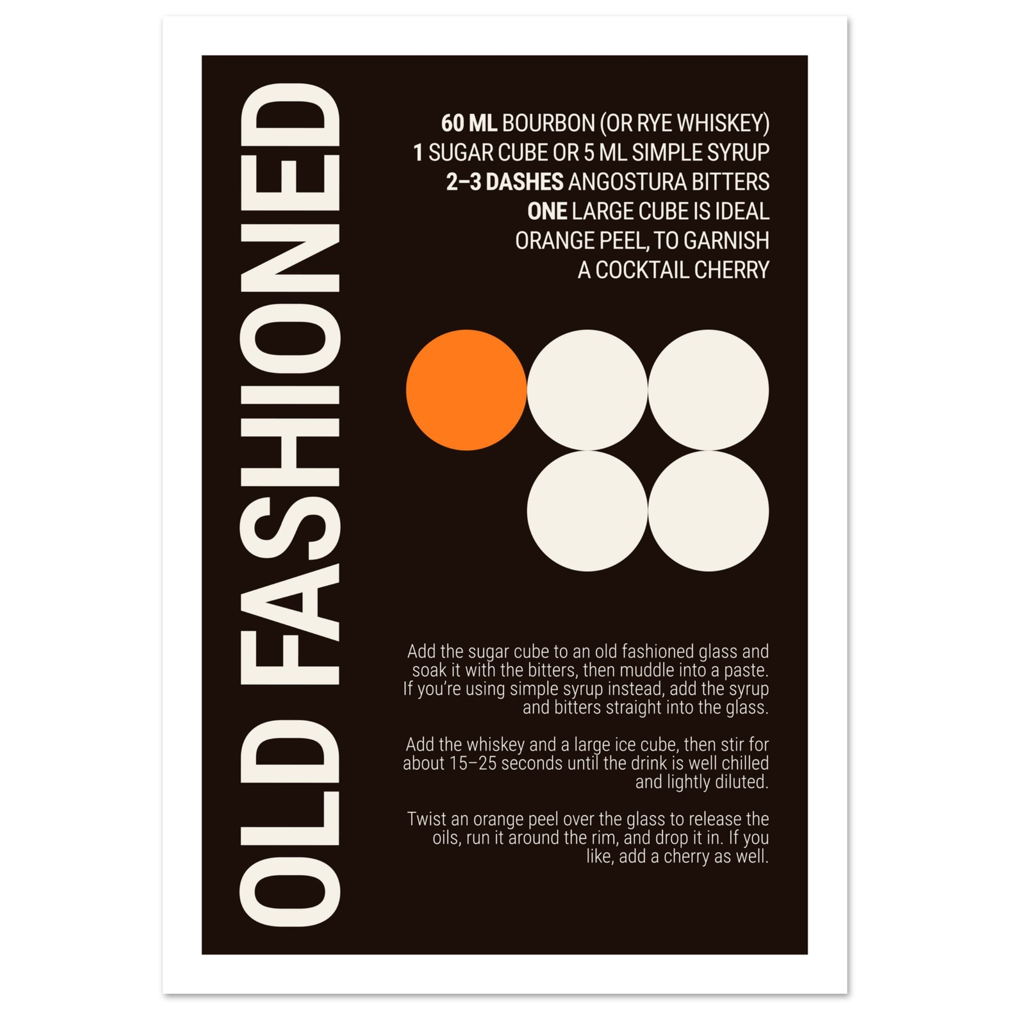 Typography print featuring an old fashioned cocktail recipe and ingredients.