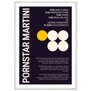 Typography print poster featuring a Pornstar Martini cocktail recipe on a dark plum background.