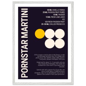 Typography print poster featuring a Pornstar Martini cocktail recipe on a dark plum background.