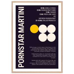 Typography print poster featuring a Pornstar Martini cocktail recipe on a dark plum background.