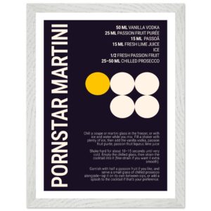 Typography print poster featuring a Pornstar Martini cocktail recipe on a dark plum background.