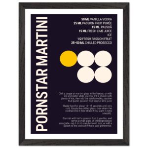 Typography print poster featuring a Pornstar Martini cocktail recipe on a dark plum background.