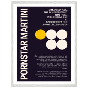 Typography print poster featuring a Pornstar Martini cocktail recipe on a dark plum background.