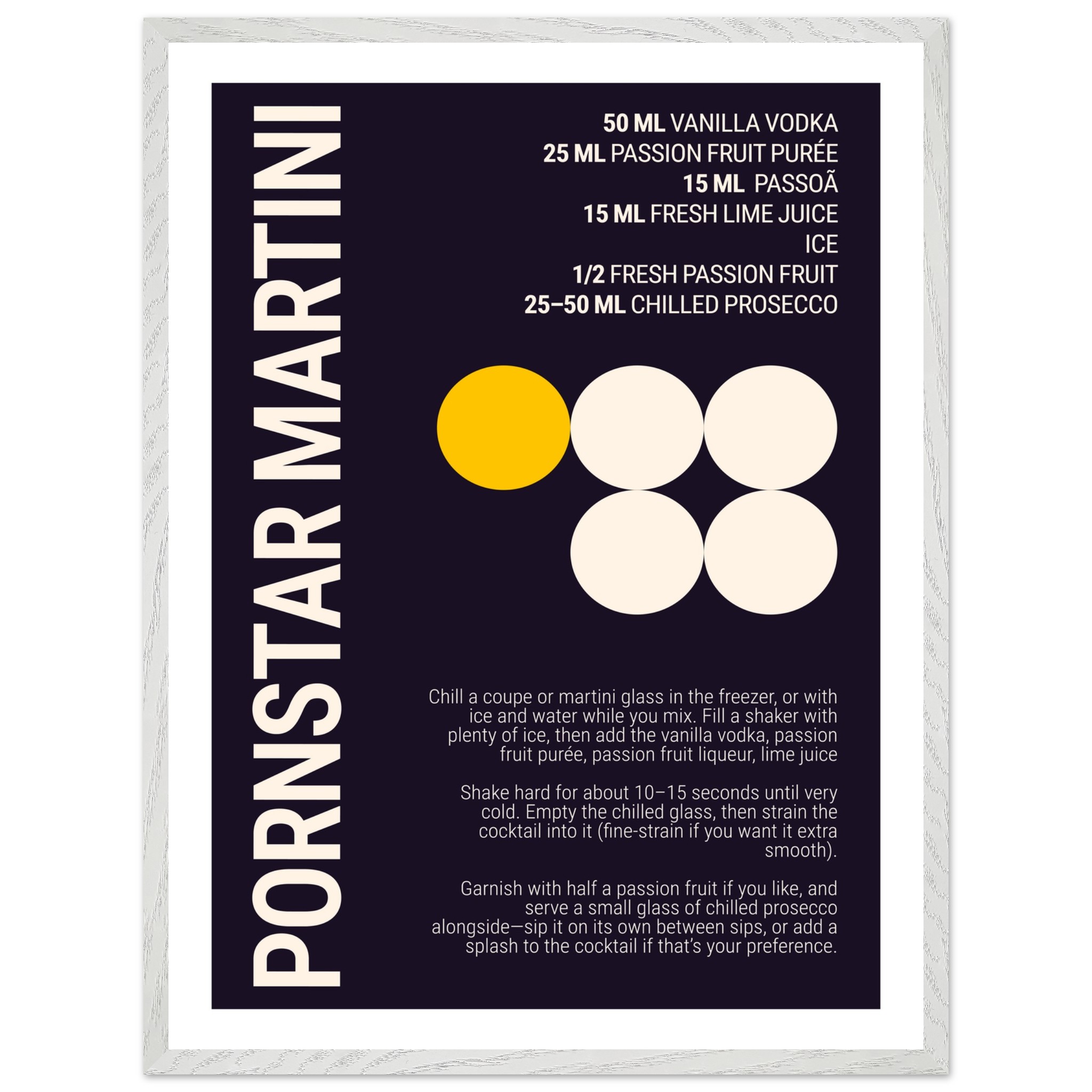 Typography print poster featuring a Pornstar Martini cocktail recipe on a dark plum background.