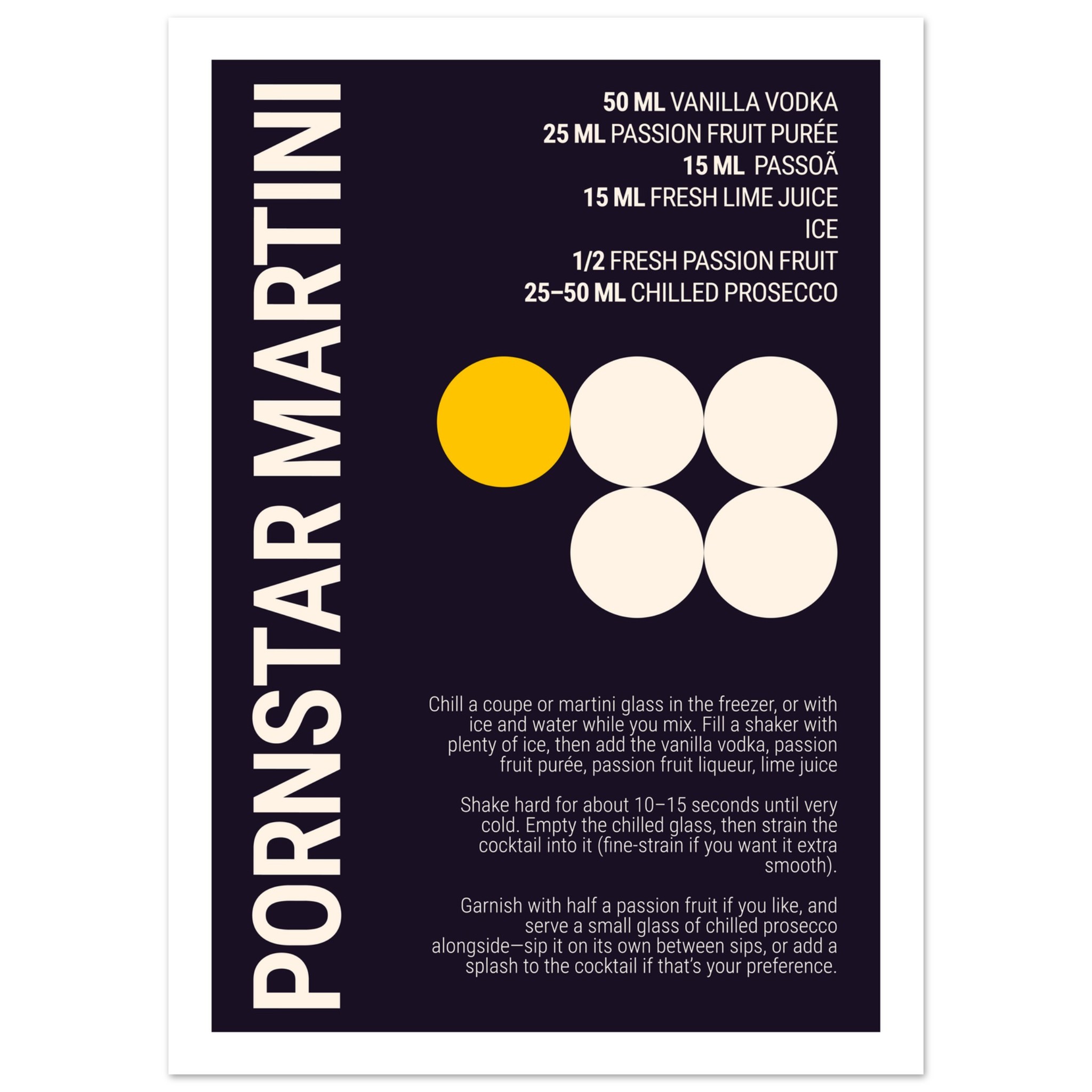 Typography print poster featuring a Pornstar Martini cocktail recipe on a dark plum background.