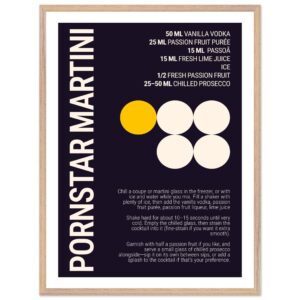 Typography print poster featuring a Pornstar Martini cocktail recipe on a dark plum background.