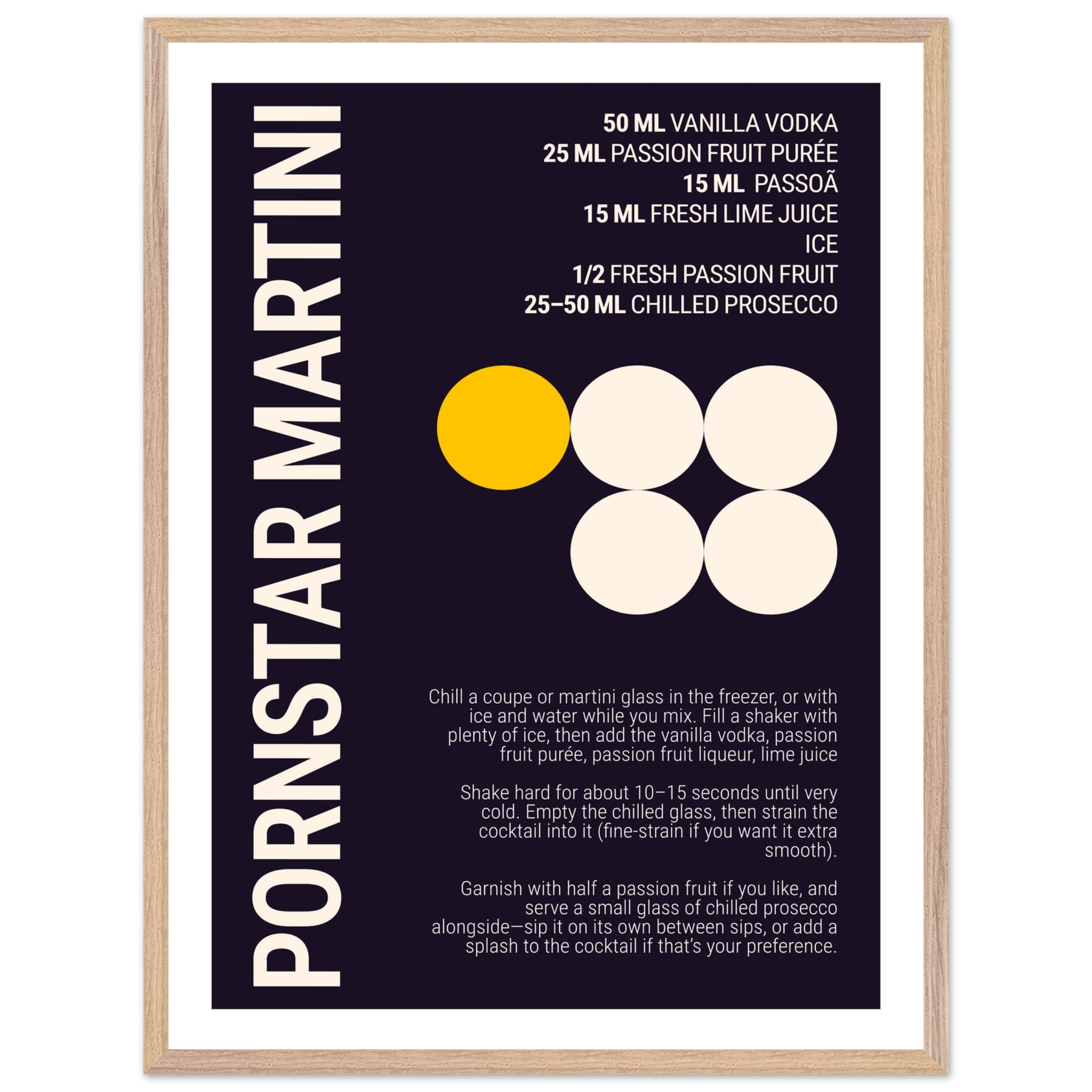 Typography print poster featuring a Pornstar Martini cocktail recipe on a dark plum background.
