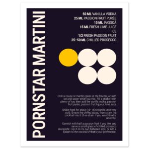 Typography print poster featuring a Pornstar Martini cocktail recipe on a dark plum background.