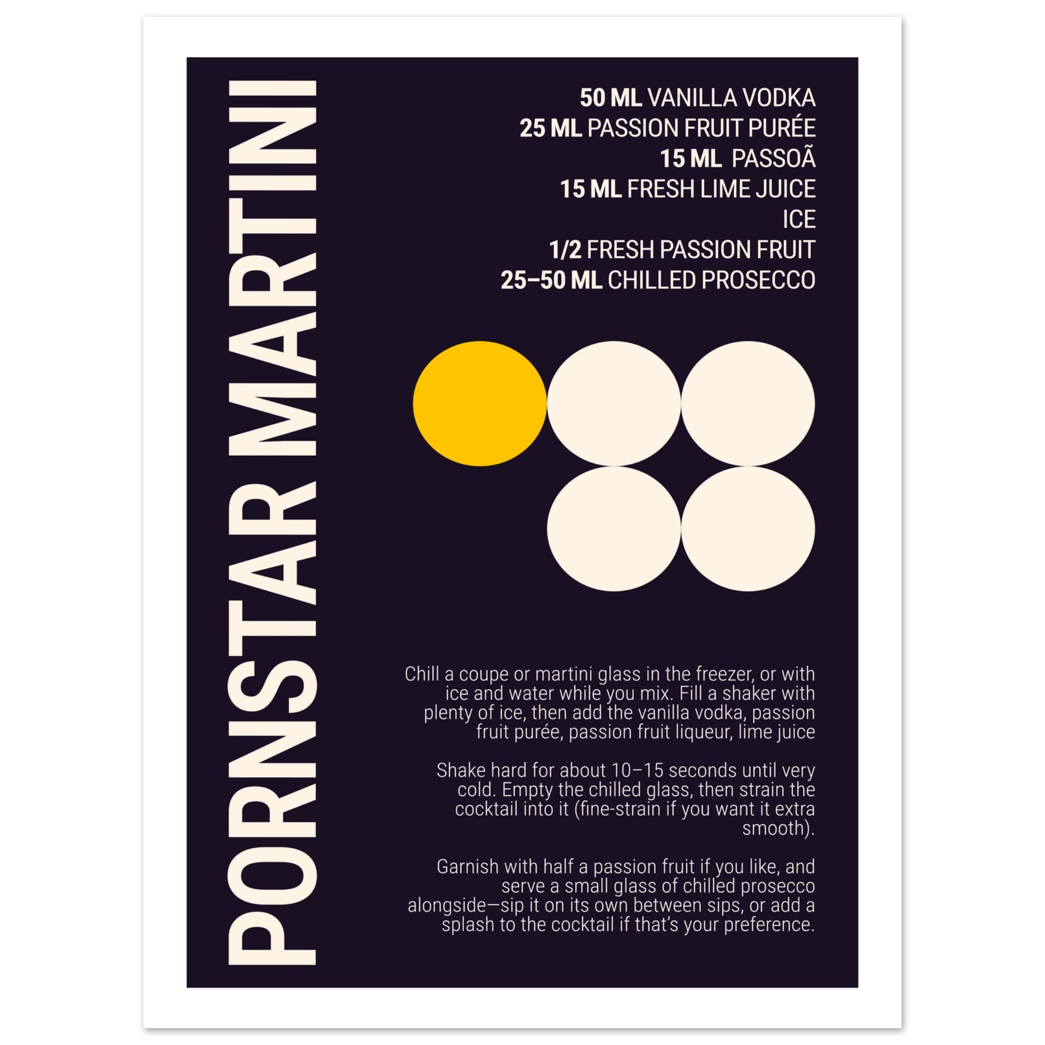 Typography print poster featuring a Pornstar Martini cocktail recipe on a dark plum background.