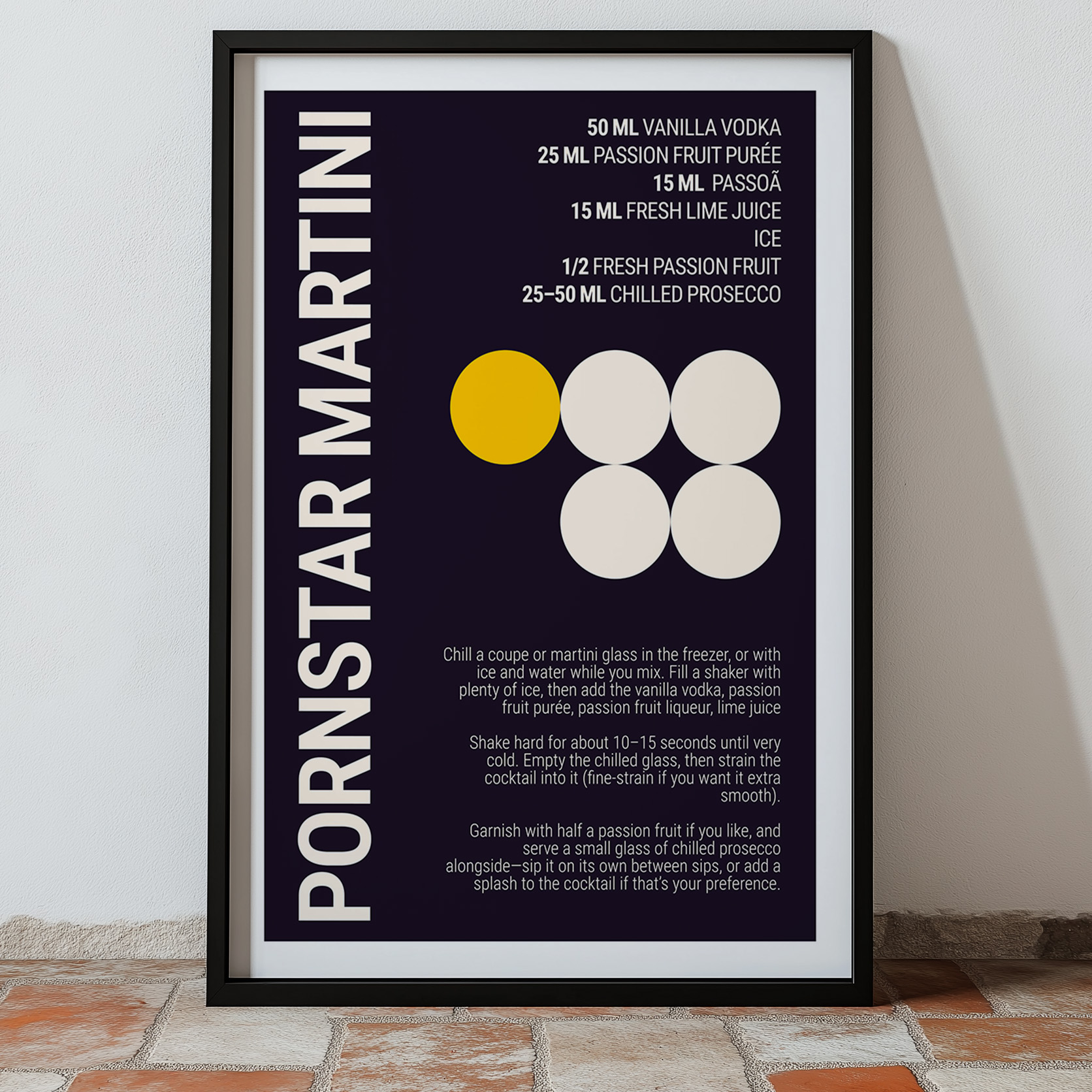 Typography print poster featuring a Pornstar Martini cocktail recipe on a dark plum background.