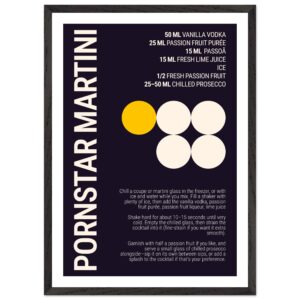 Typography print poster featuring a Pornstar Martini cocktail recipe on a dark plum background.