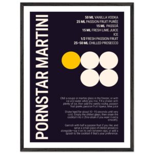 Typography print poster featuring a Pornstar Martini cocktail recipe on a dark plum background.