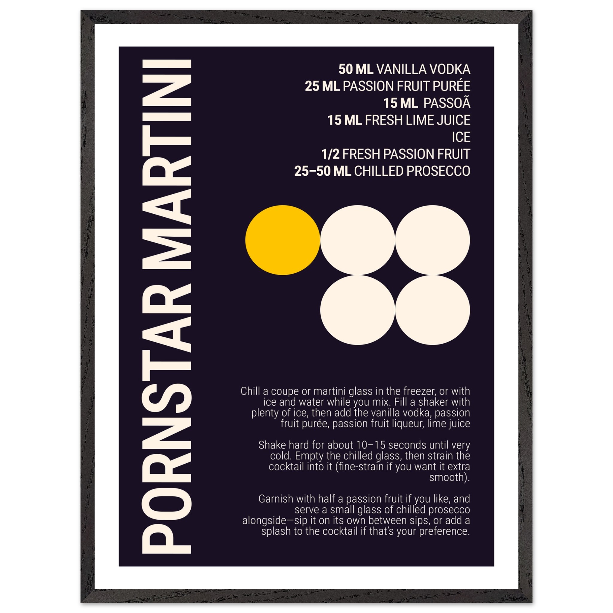 Typography print poster featuring a Pornstar Martini cocktail recipe on a dark plum background.