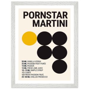 Typography print poster featuring a recipe for a Pornstar Martini cocktail.
