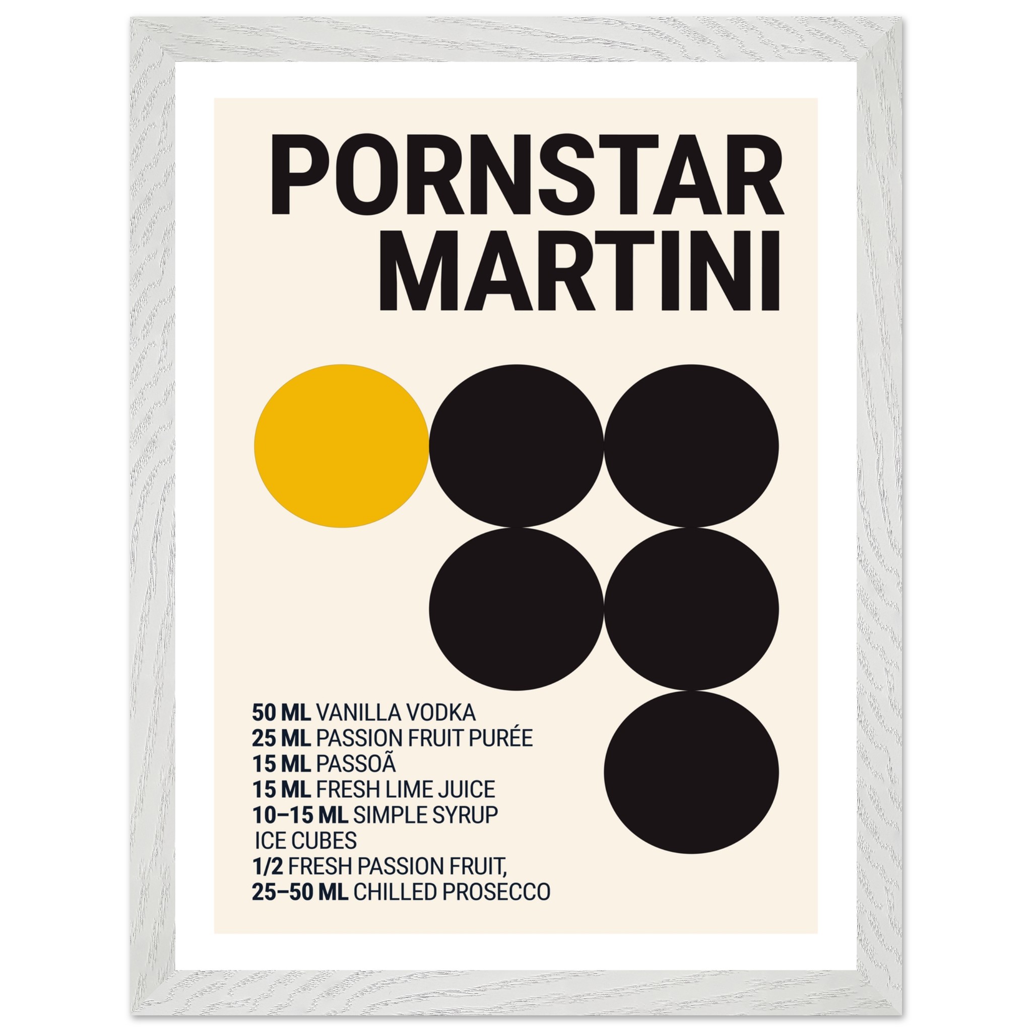 Typography print poster featuring a recipe for a Pornstar Martini cocktail.
