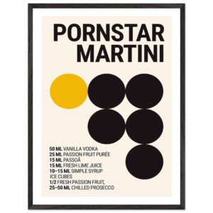 Typography print poster featuring a cocktail recipe with black and yellow circles.