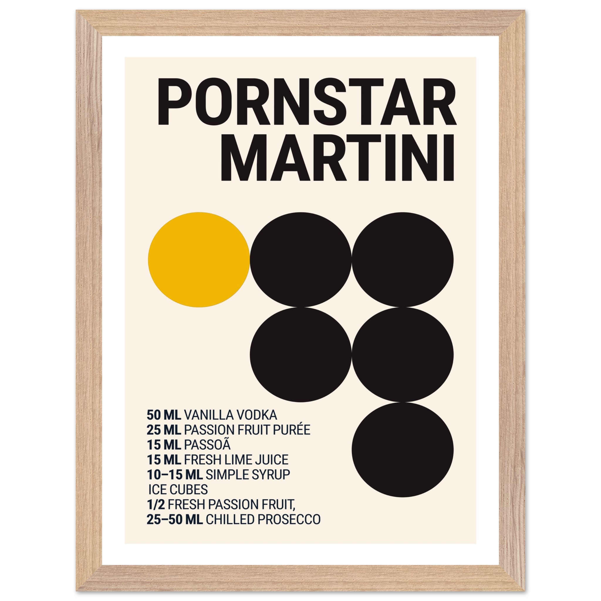 Typography print poster featuring a Pornstar Martini recipe with black and yellow circles.