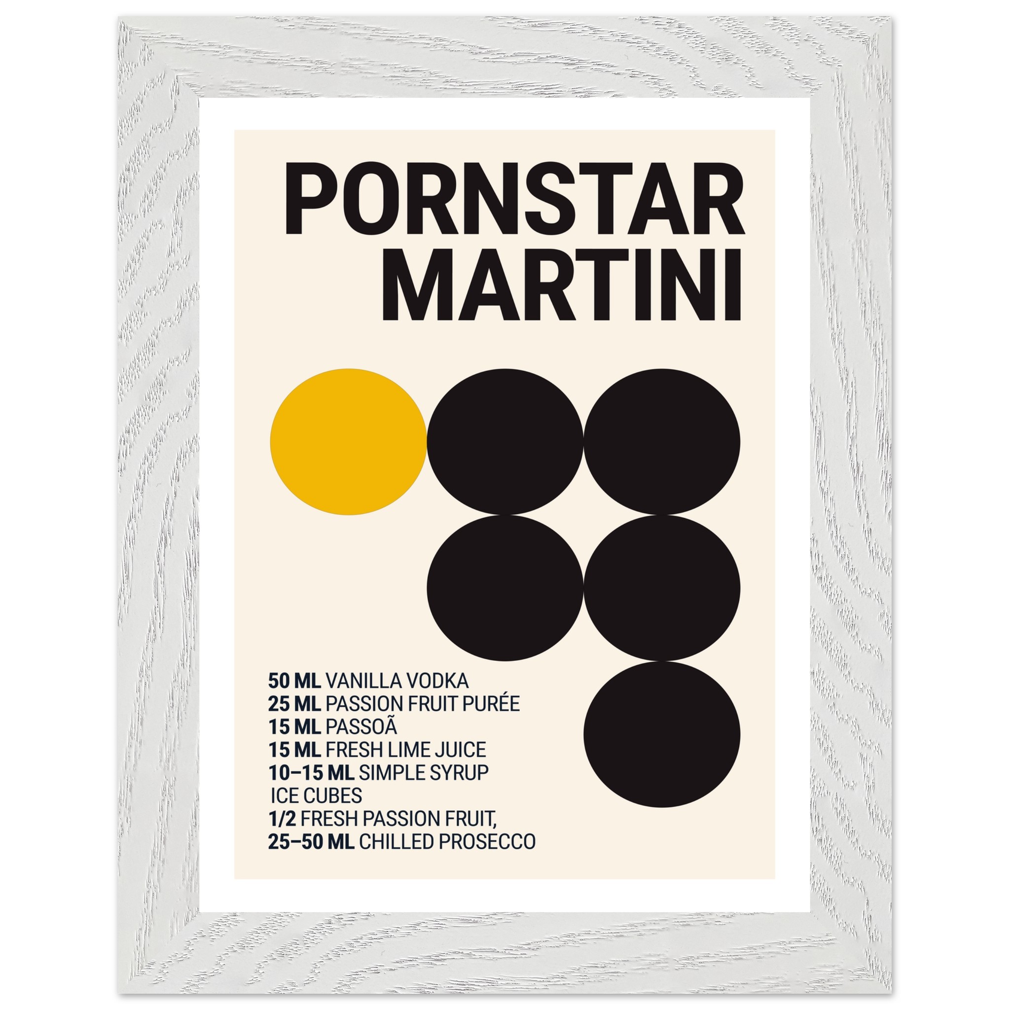 Typography print poster featuring a Pornstar Martini recipe and graphic elements.