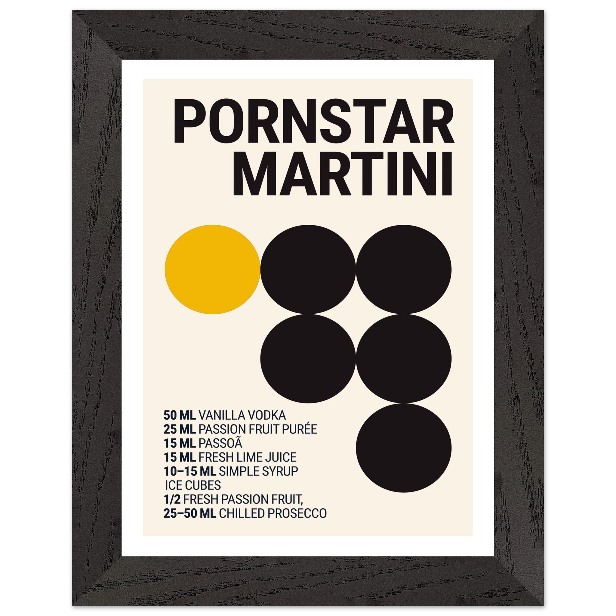 Typography print poster featuring a cocktail recipe with black and yellow circles.