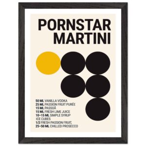Typography print poster featuring a Pornstar Martini recipe with black circles.