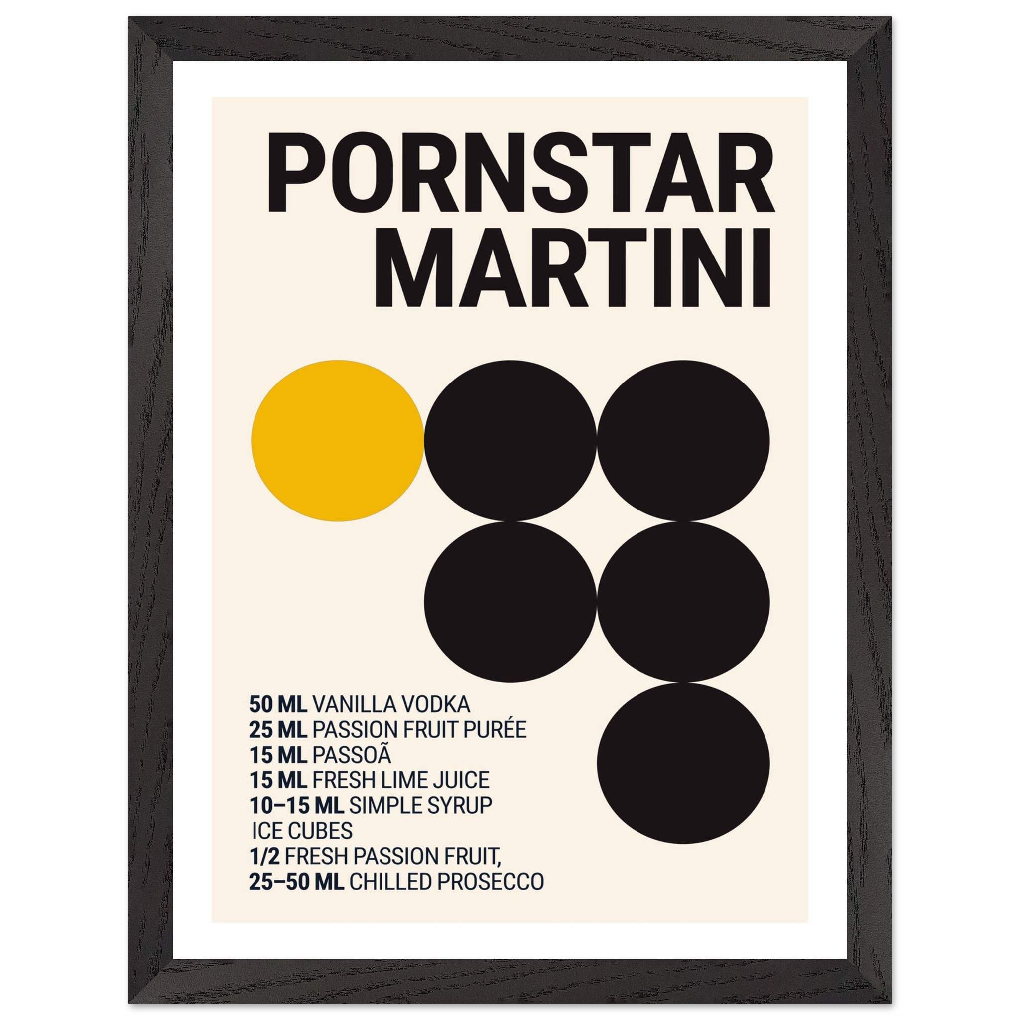 Typography print poster featuring a Pornstar Martini recipe with black circles.