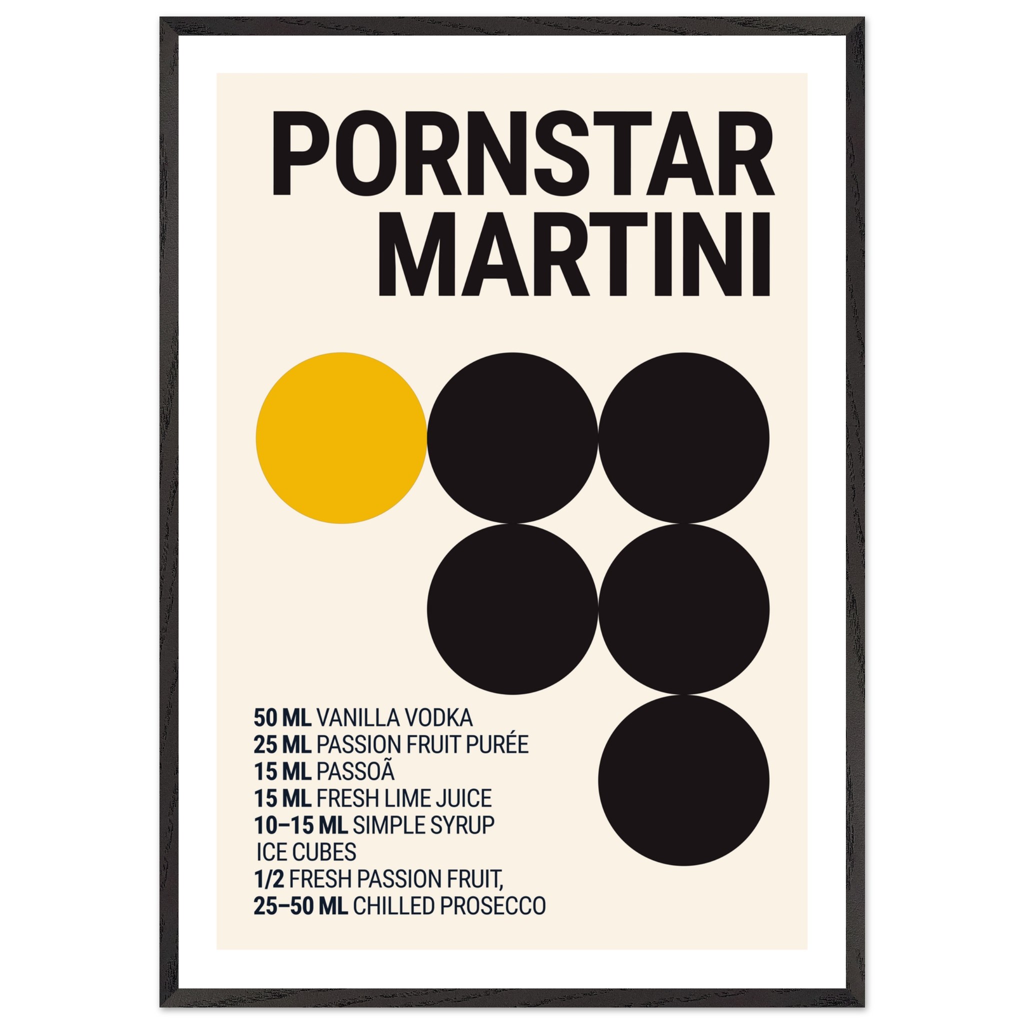 Typography print poster featuring a cocktail recipe with black and yellow circles.