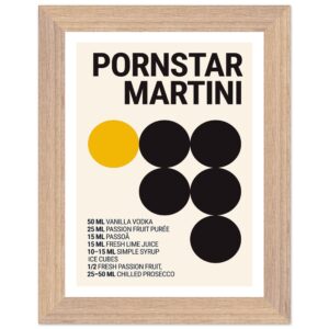 Typography print poster featuring a Pornstar Martini recipe with black and yellow circles.