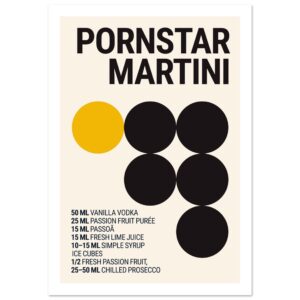 Typography print poster featuring a cocktail recipe with bold text and shapes.