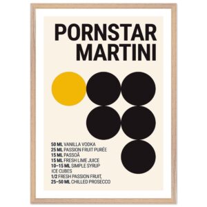 Typography print poster featuring a cocktail recipe with bold text and circles.