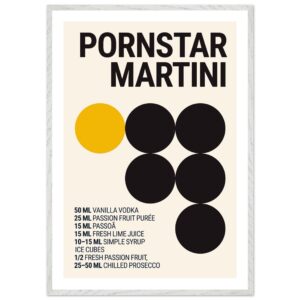 Typography print poster featuring a cocktail recipe with black and yellow circles.
