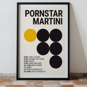 Typography print poster featuring a cocktail recipe with bold text and circles.