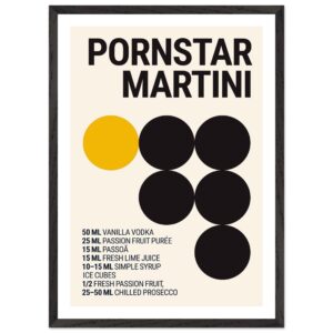 Typography print poster featuring a Pornstar Martini recipe with black circles.