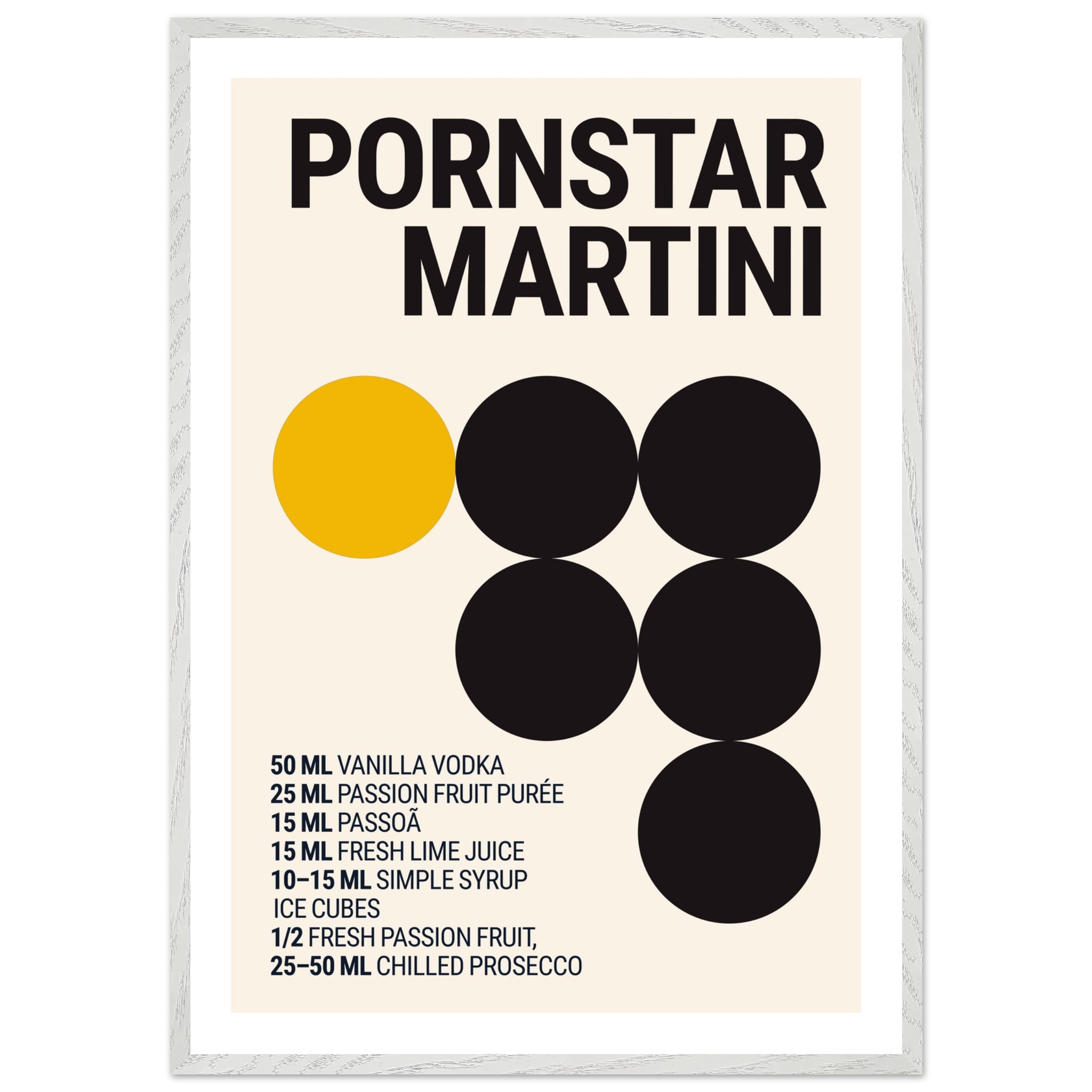 Typography print poster featuring a cocktail recipe with black and yellow circles.